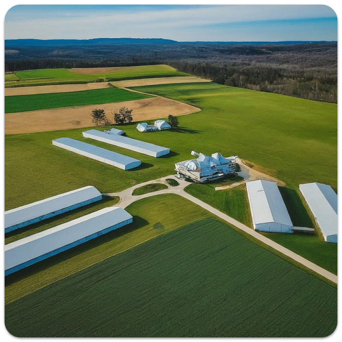 A picture of a long a sprawling farm taken from a drone. The buildings are more like dormitories rather than barns, and there is a fancy main office building. We can see various fields and some forested areas too.