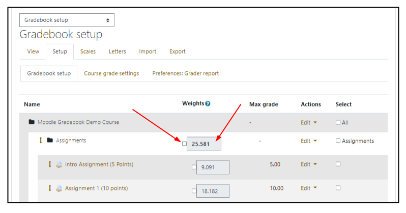 Screen capture of Moodle gradebook setup page with arrows highlights weighted item checkbox and weight field