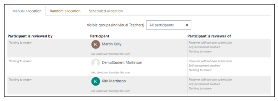 Screen capture of Moodle Workshop manual allocation setup page