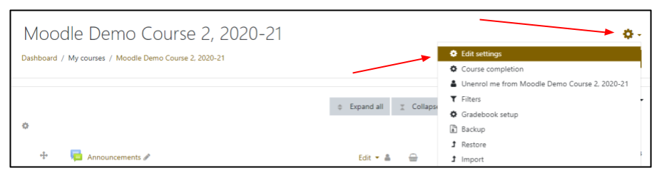 Screen capture of Moodle course site with course settings menu expanded and highlighted