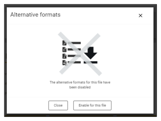 Ally window in Moodle showing that alternative formats have been disabled for a file, with options to close the window or re-enable downloads for the file