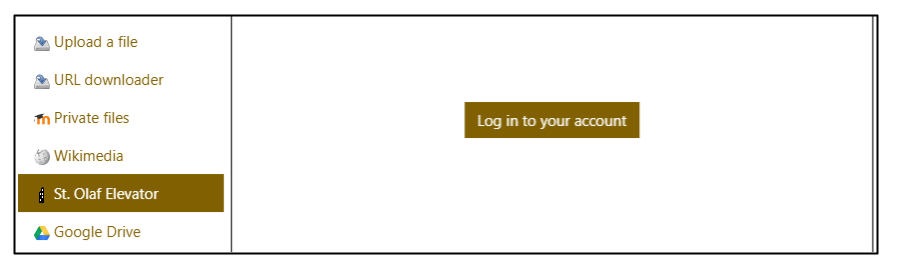 Screen capture of Moodle file picker with St. Olaf Elevator highlighted and Log In button showing to the right