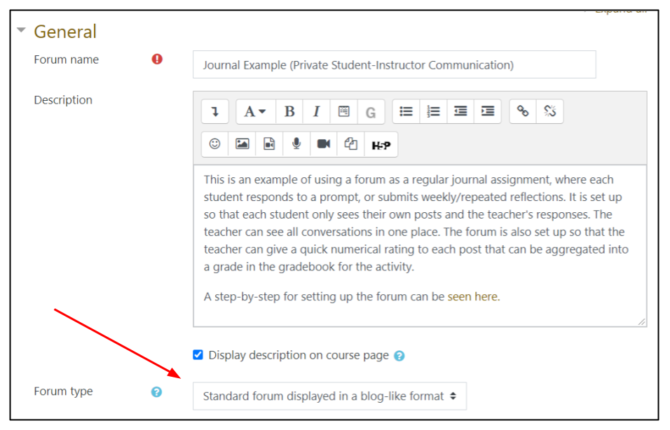 Screen capture of Moodle Forum Settings page with journal name and description and Standard forum displayed in a blog-like format selected and highlighted by an arrow