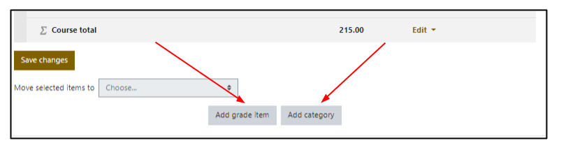 Screen capture of Moodle gradebook setup page with add grade item and add category buttons at the bottom
