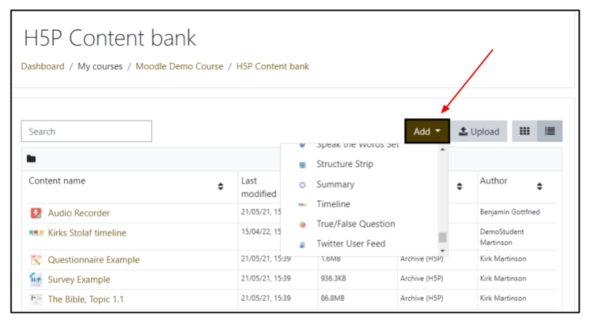 Screen capture of Moodle H5P Content bank window with Add drop-down window highlighted