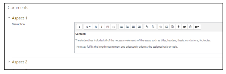 Screen capture of Moodle orkshop comments form setup