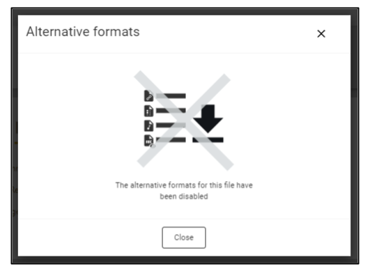 Screen capture of Ally alternative formats window in Moodle indicating that alternative formats have been disabled for this file, with close window button