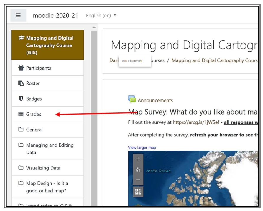 Screen capture of Moodle page with arrow highlighting Grades menu item on left side