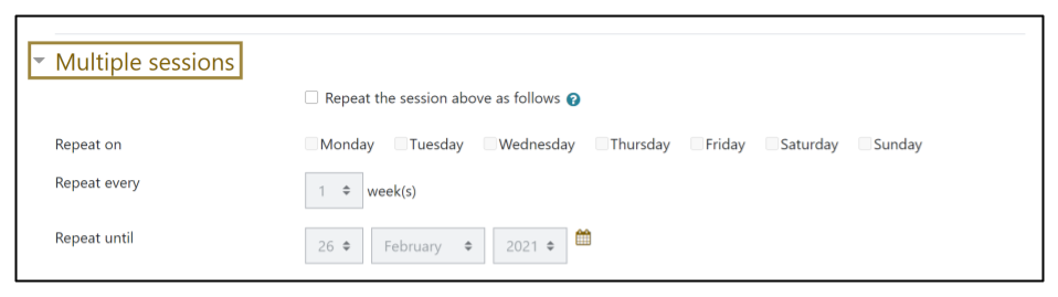 Screen capture of Moodle Attendance activity Add session tab - Multiple sessions section