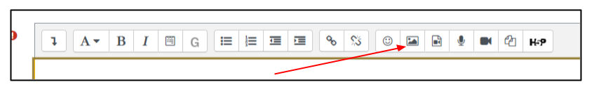 Screen capture or Moodle text editor menu bar with arrow pointing to image icon of rectangle around a sun and mountain