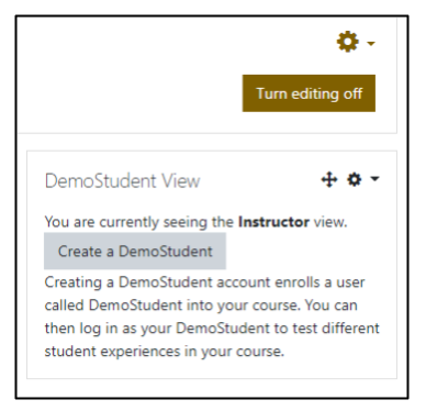 Screen capture of Moodle DemoStudent View block with button titled Create a DemoStudent.