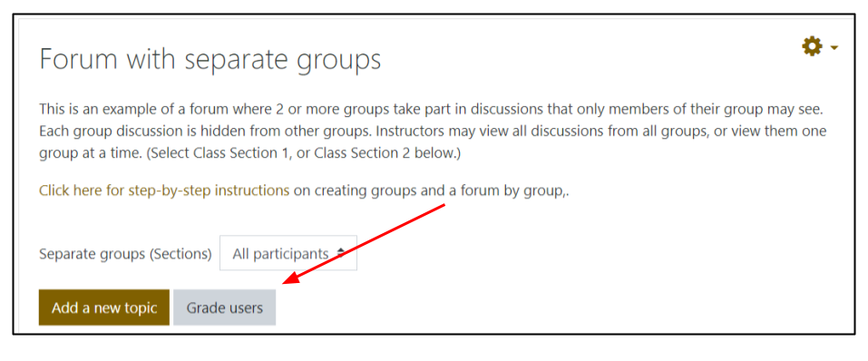 Screen image of Moodle forum page with Grade users button highlighted by an arrow