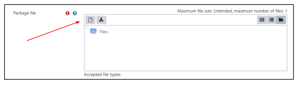 Screen capture of H5P add activity page, with arrow highlighting the page icon used to open the repositories