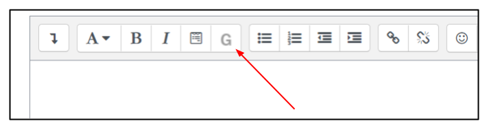 Moodle editor menu bar with arrow pointing to button with a G on it