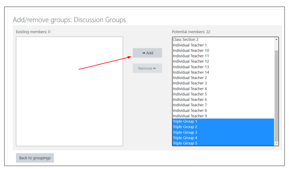 Screen shot of Moodle Groupings page showing a list of group names on the right and an empty box to the left. A button with the text Add and a grayed out button with the text Remove sit between the two boxes.