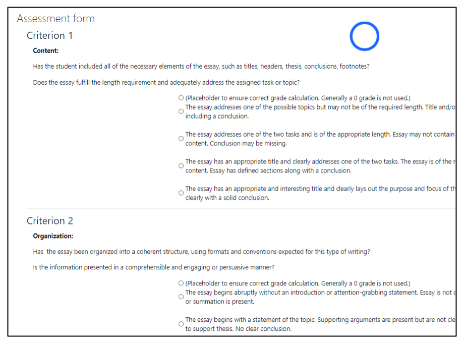 Screen capture of Moodle Workshop rubric in listformat