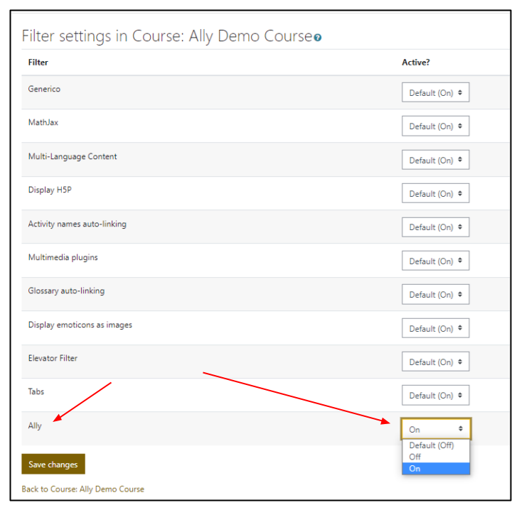 Screen shot of Moodle filter settings page with Ally filter options highlighted