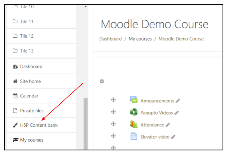 Screen capture of Moodle left side menu with arrow highlighting H5P Content bank item