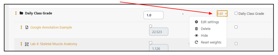 Screen capture of Moodle gradebook setup page with category edit menu expanded and highlighted