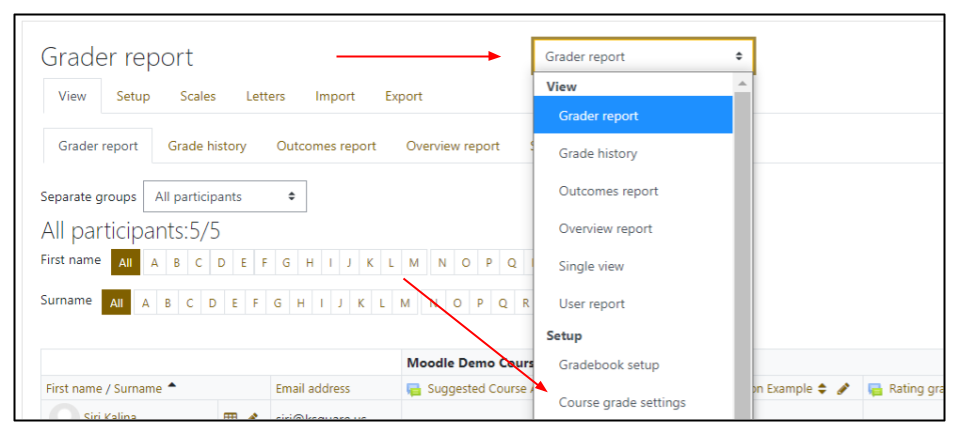 Screen capture of Moodle gradebook page, with arrow highlighting drop-down menu at the top center of the page and another arrow pointing to the Course grade settings item