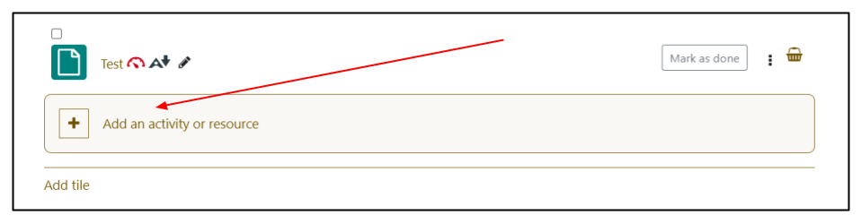 Screen capture of Moodle page in edit mode showing Add an activity button highlighted