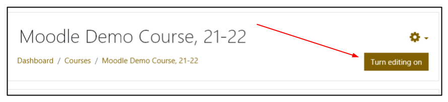 Screen capture of Moodle course with arrow highlighting Turn editing on button in top right corner