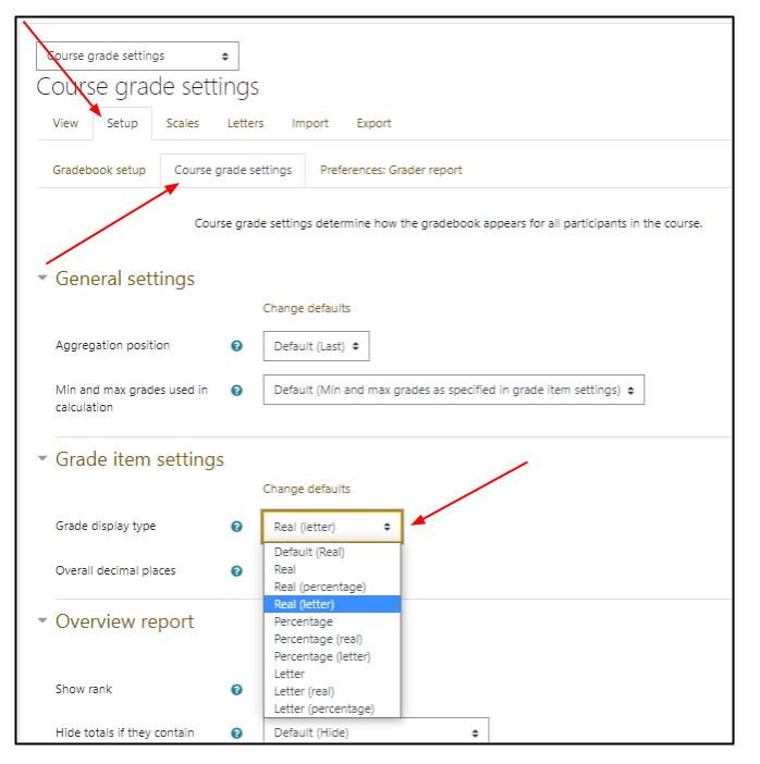 Screen capture of Moodle gradebook course grade settings highlighting setup and course grade settings tabs and grade display type drop-down menu