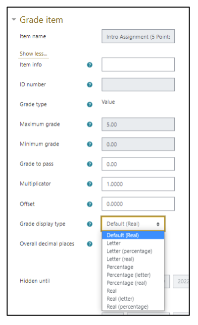 Screen capture of Moodle grade item settings from gradebook