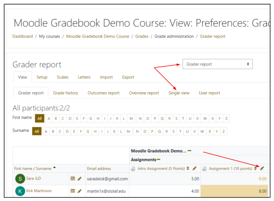 Screen capture of Moodle Grader report with arrows pointing to pencil icon next to grade item as well as pointing to Single view tab and drop-down menu