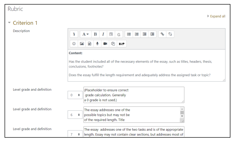 Screen capture of Moodle Workshop rubric setup