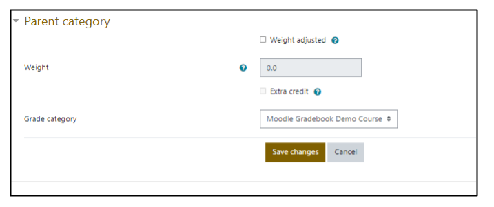 Screen capture of Moodle grade item settings page showing parent category options