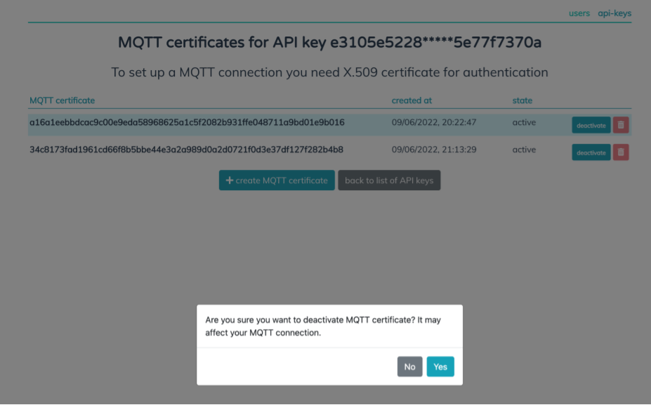 Deactivate MQTT CErtificate