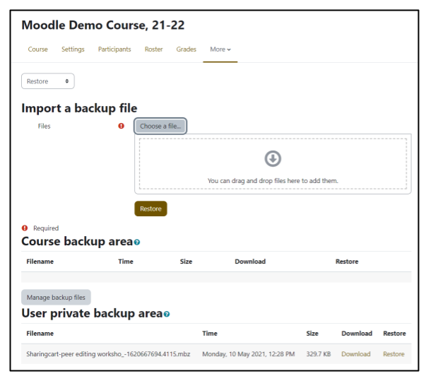 Screen capture of Moodle restore course page showing file chooser box