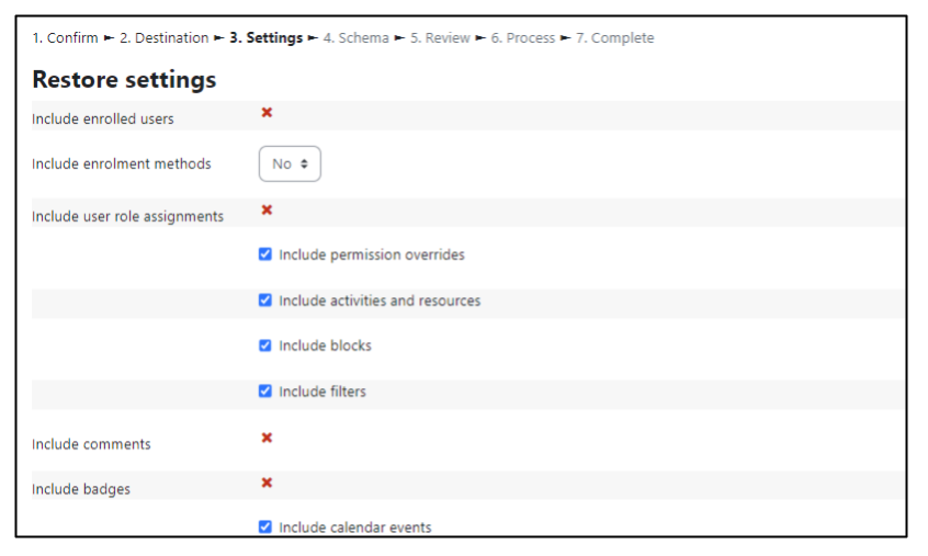 Screen capture of Moodle course restore settings page showing options, including "include enrolled users" followed by a red X.