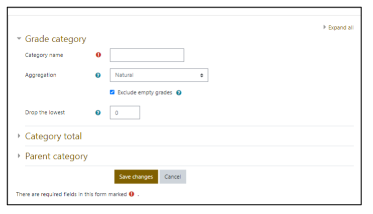 Screen capture of Moodle gradebook add category page showing category name and aggregation fields