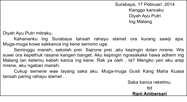 Contoh Surat Pribadi Bahasa Jawa Kanggo Konco Aturan kang ana sajrone layang pribadi ora resmi yaiku ora nggawe sesirahe layang.