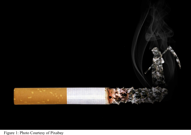 An oversized cigarette on black background with long ash, the grim reaper emerging from the ash with the smoke, facing the butt of the cigarette