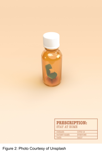 A prescription bottle filled with a chair, with a label at the bottom of the page requiring that we stay at home