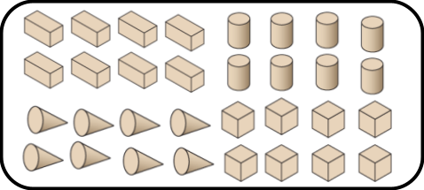 Choose from these shapes. 8 rectangular prisms, 8 cylinders, 8 cones, and 8 cubes.