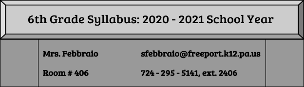 6th Grade Syllabus 2020-2021 School Year