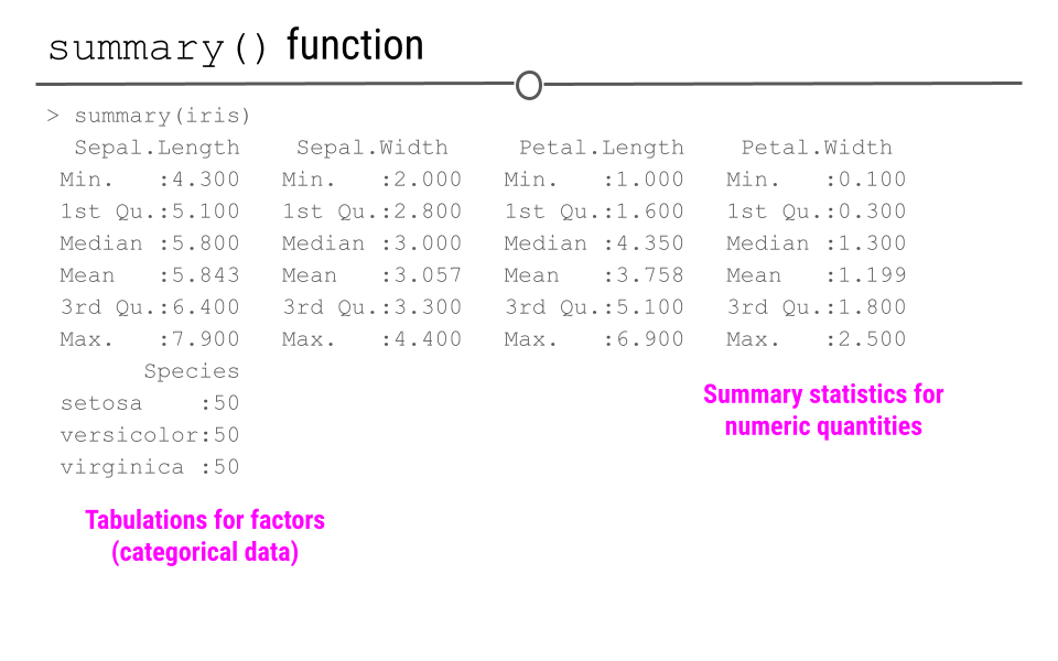 The summary() function summarizes data